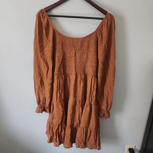 Burnt Orange Long Sleeve Lined Dress Wity Stretch Panels Textured Skirt Size XL